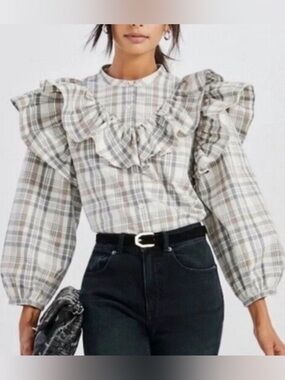 Something Navy Plaid Puff Sleeve Ruffle Prairie Blouse